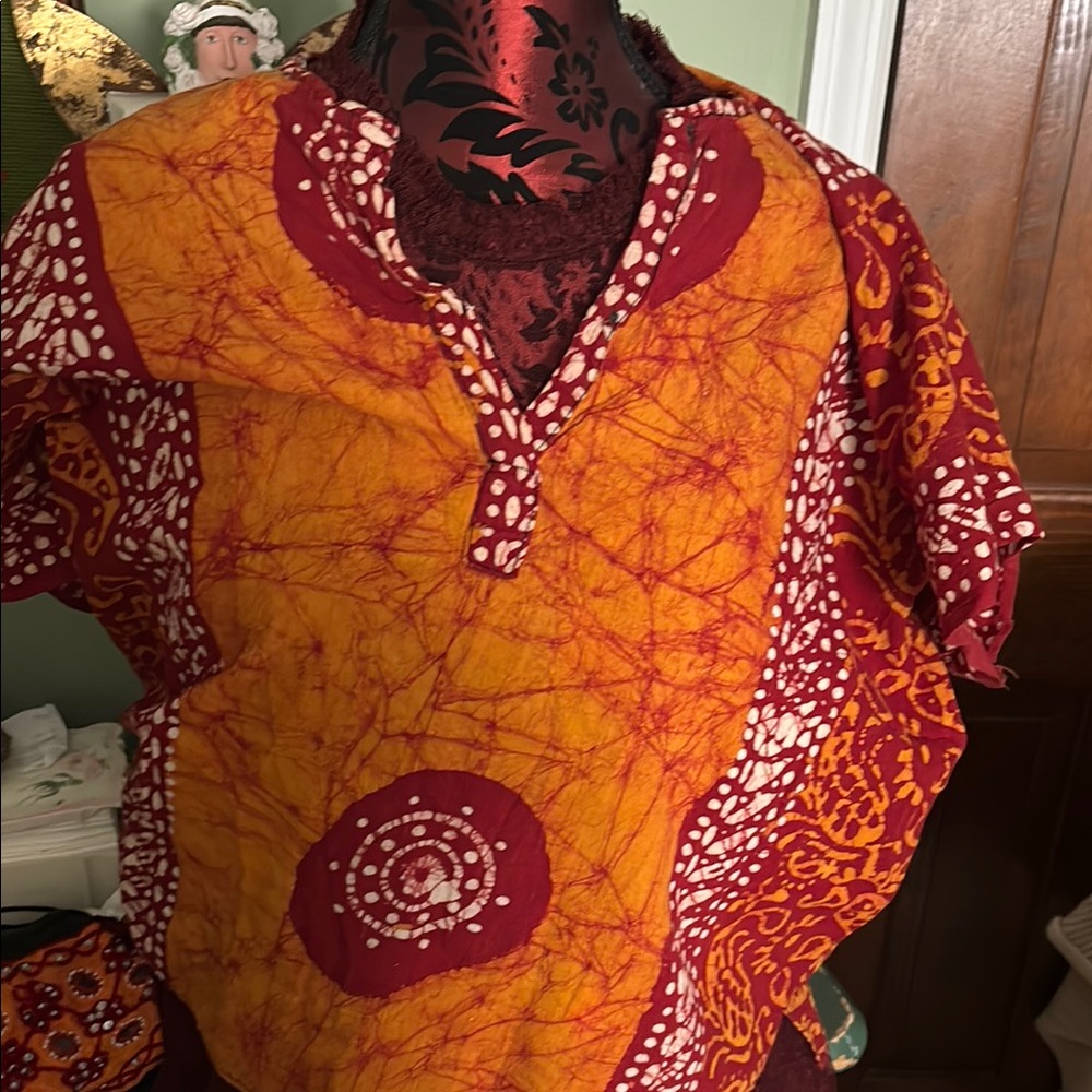 Vibrant Orange and Red Batik Top Vintage
